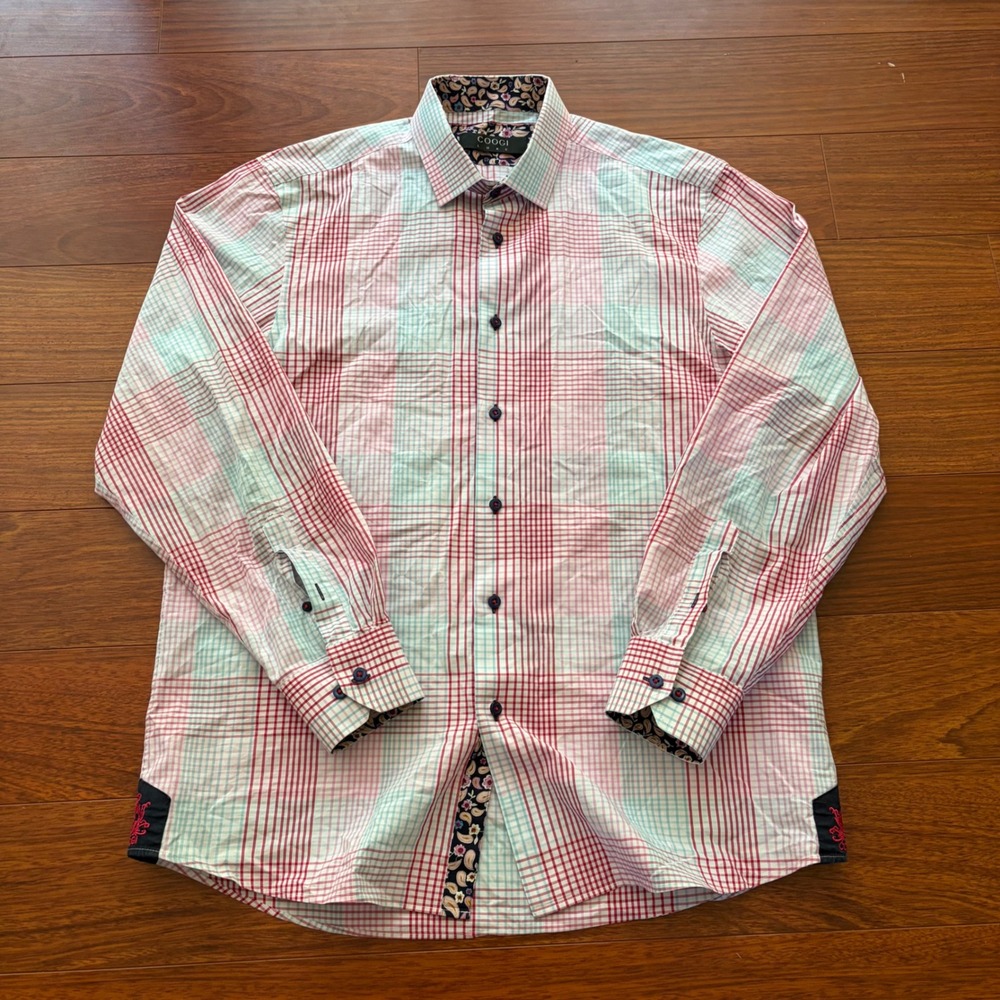 COOGI Luxe Mens Button Down Shirt Plaid Paisley Trim Streetwear Red Blue White L
